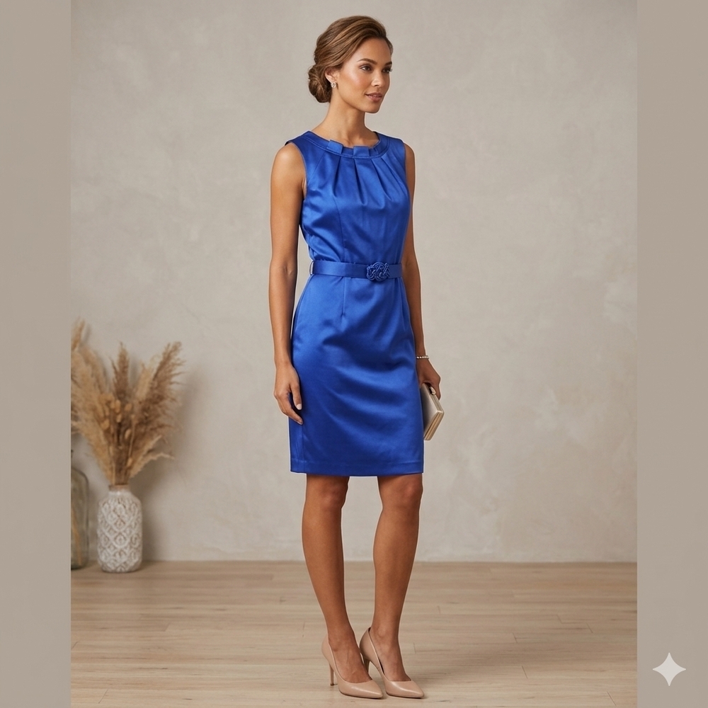 Evan Picone Sleeveless Royal Blue Satin Sheath Dress with Belt Size 16